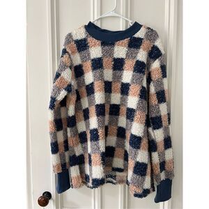 Blue peach and cream  Checkered fleece Sherpa top L